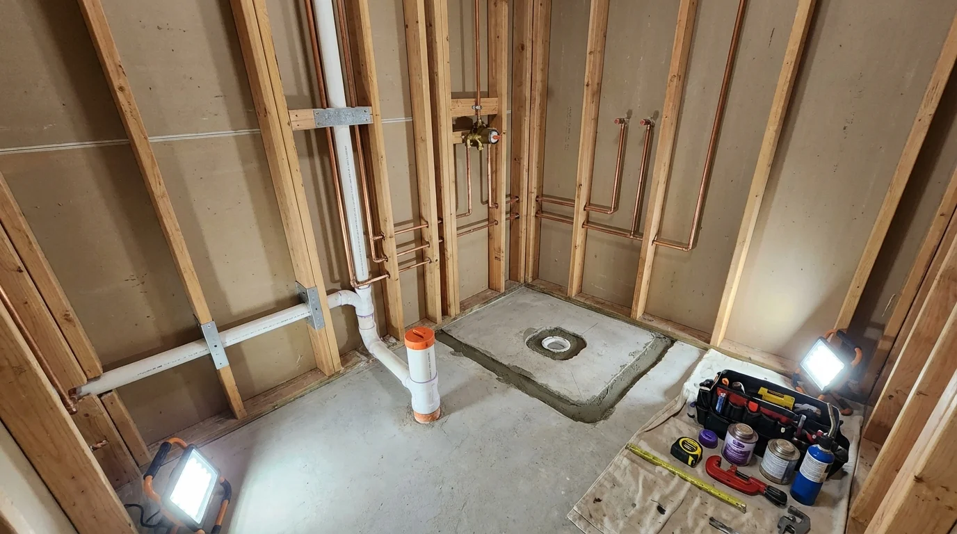 Bathroom rough-in plumbing during remodel by Johns Plumbing LLC in East Greenbush