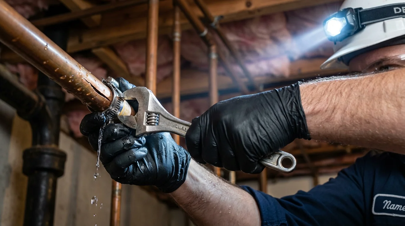 Emergency pipe clamp repair being performed by a Johns Plumbing LLC plumber in East Greenbush