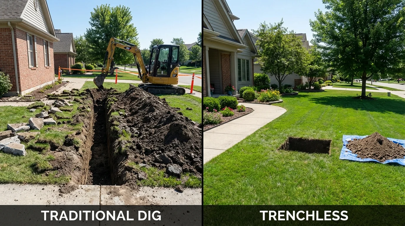 Trenchless sewer repair with minimal yard damage versus traditional excavation in East Greenbush, NY