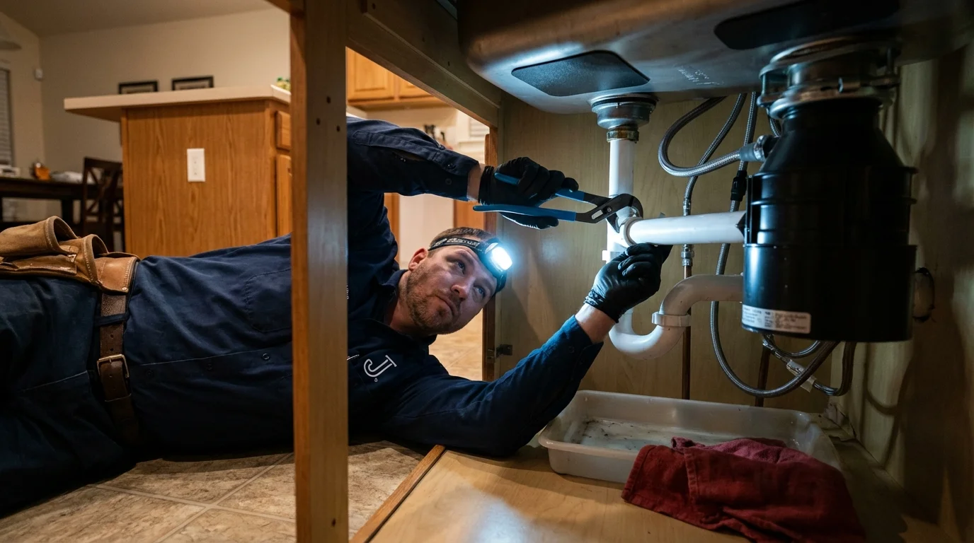 P-trap and supply line connections under a kitchen sink showing a common leak point in East Greenbush, NY
